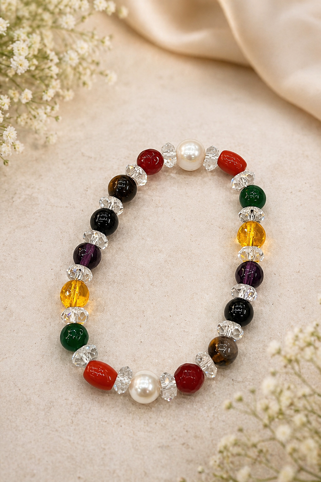Navratna Bracelet with Diamond-Cut Sphatik | 9 Gemstone Crystal Bracelet for Elegance & Balance