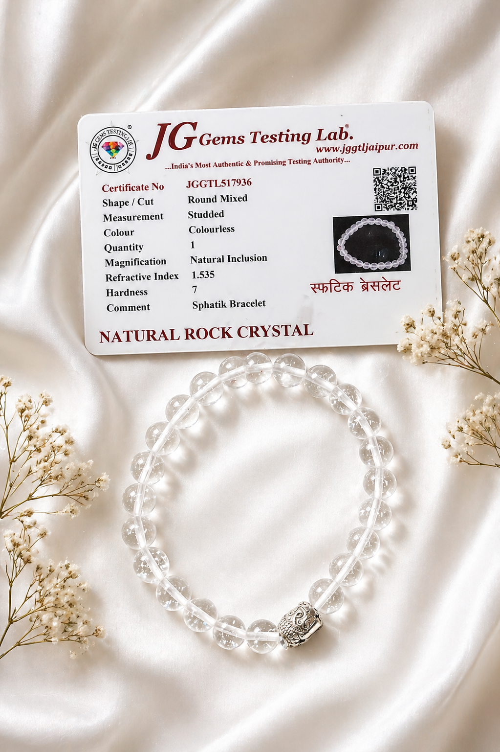 Premium Clear Sphatik Bracelet (Natural Crystal Beads) | Certified Healing Crystal Bracelet for Wealth, Peace & Positivity