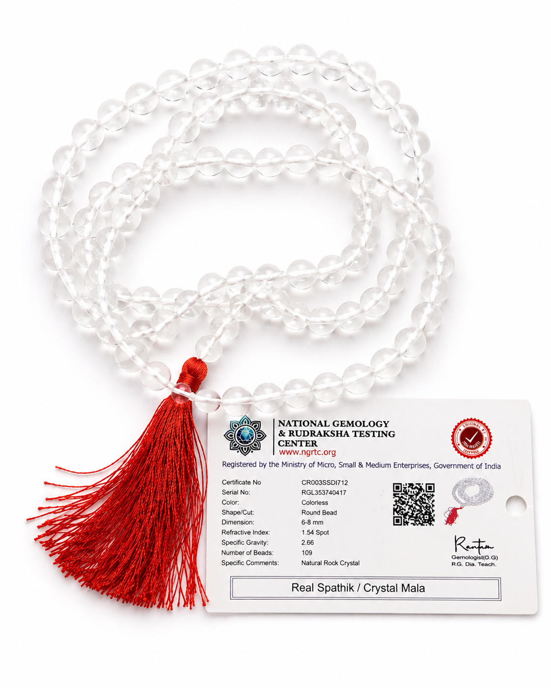 100% Original Sphatik Mala (Clear Beads) with Lab Certificate | Certified Clear Quartz Jap Mala | Spiritual Healing Necklace