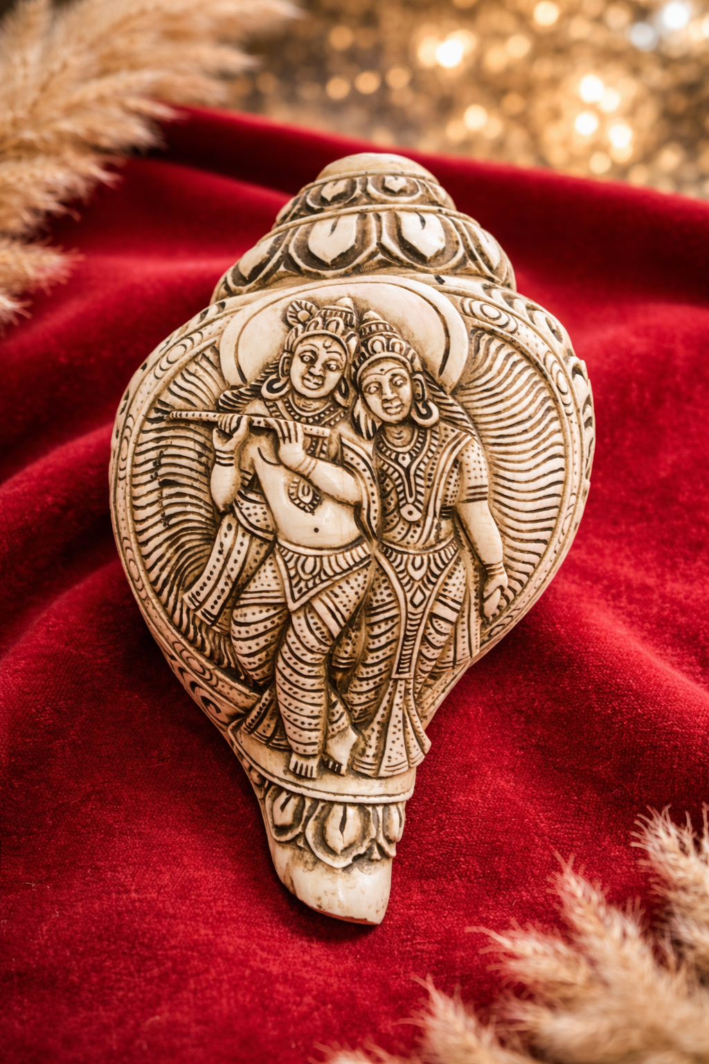 Radha Krishna Carved Shankh – Divine Decorative Conch for Home Temple &amp; Spiritual Decor