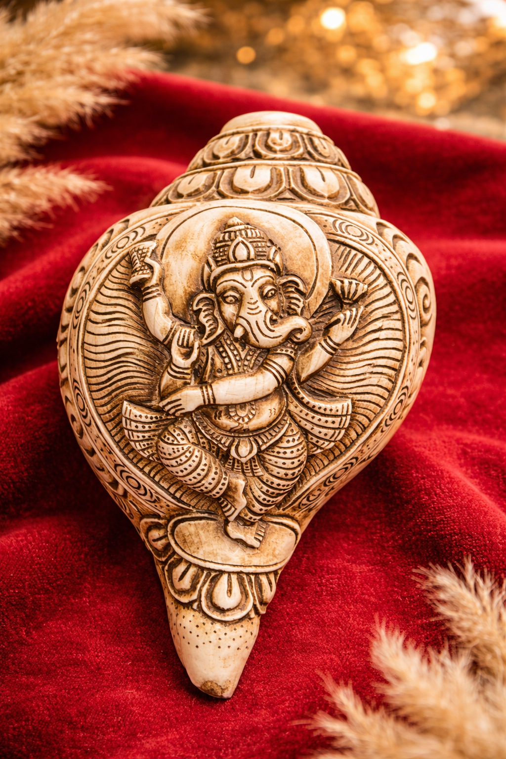 Ganesh Carved Shankh – Decorative Spiritual Conch for Home Temple &amp; Vastu Decor