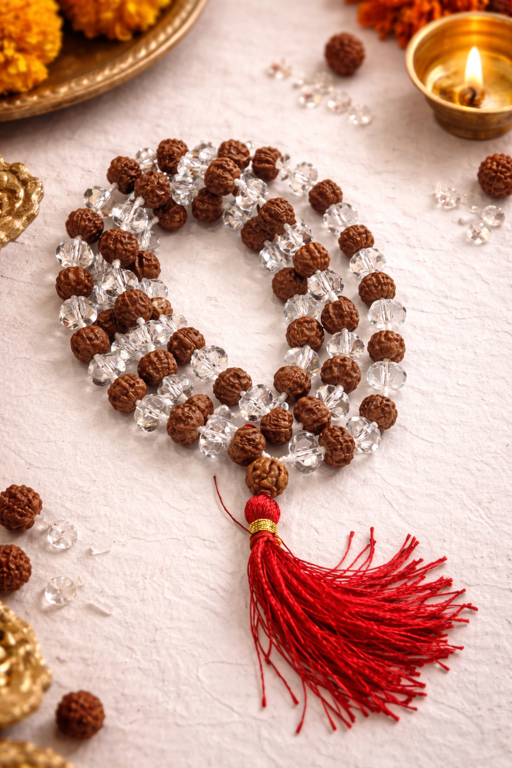 Rudraksha Mala with Diamond Cut Sphatik (108 Beads) | Premium Crystal Jaap Mala for Meditation & Healing