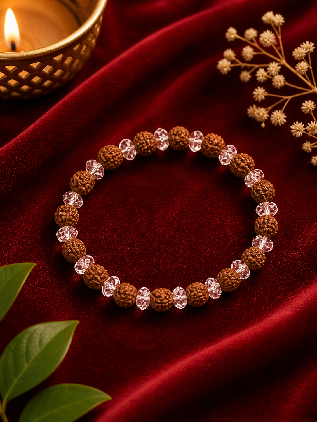 Rudraksha Sphatik Bracelet – Original 5 Mukhi Rudraksha with Natural Sphatik (Crystal) | Spiritual Healing & Positive Energy Bracelet for Men & Women