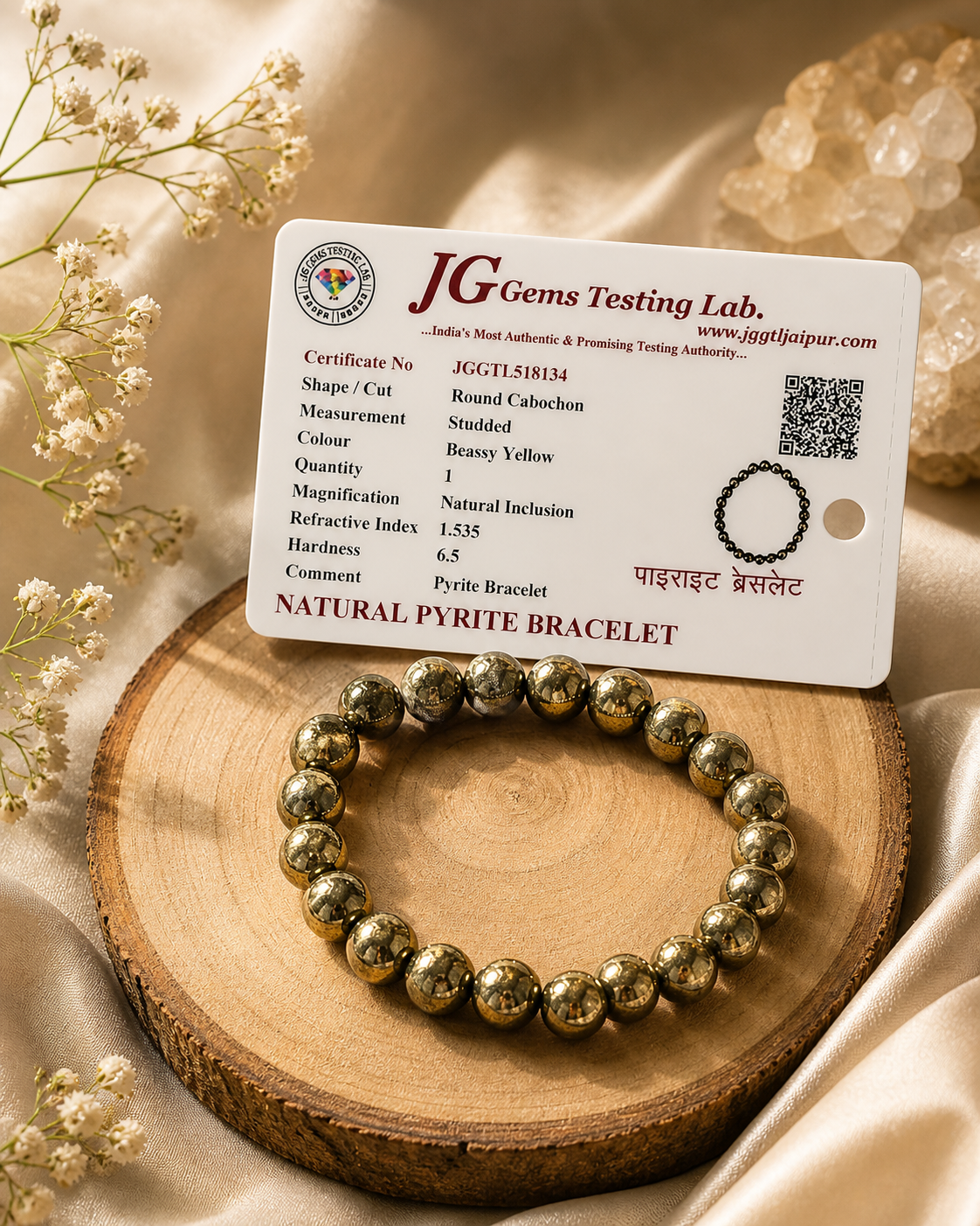 Certified Pyrite Bracelet – Natural Wealth & Protection Crystal | Premium Beaded Energy Bracelet (Unisex)