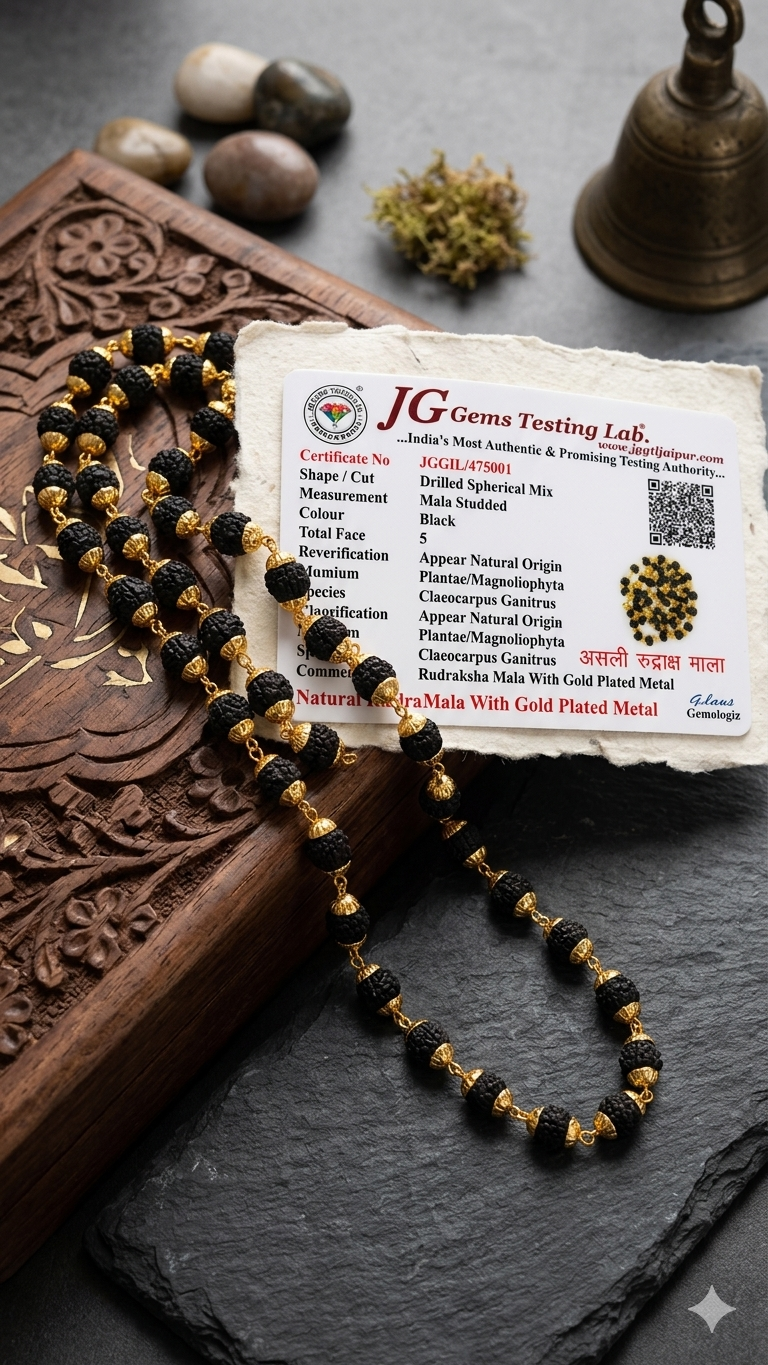 Rare Black Rudraksha Mala with Designer Brass Caps – Lab-Certified 108+1 Natural Beads in Premium Gold-Tone Setting