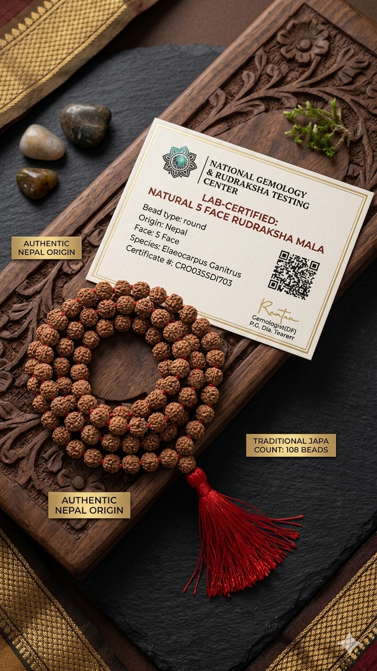 Lab-Certified 6mm Rudraksha Mala – Authentic 108+1 Natural Beads for Meditation, Yoga & Daily Protection