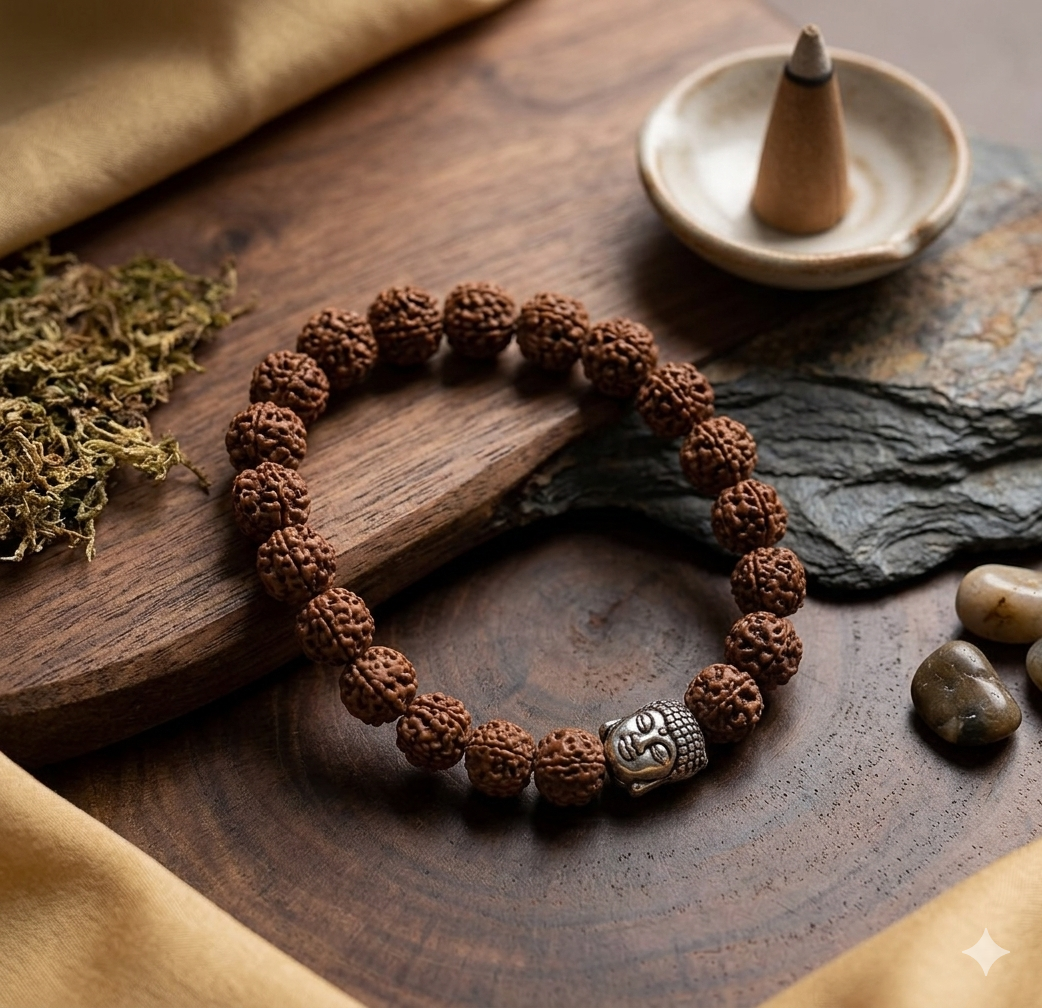 Certified Natural Rudraksha Buddha Bracelet – 5 Mukhi Healing Beads for Meditation & Zen Style