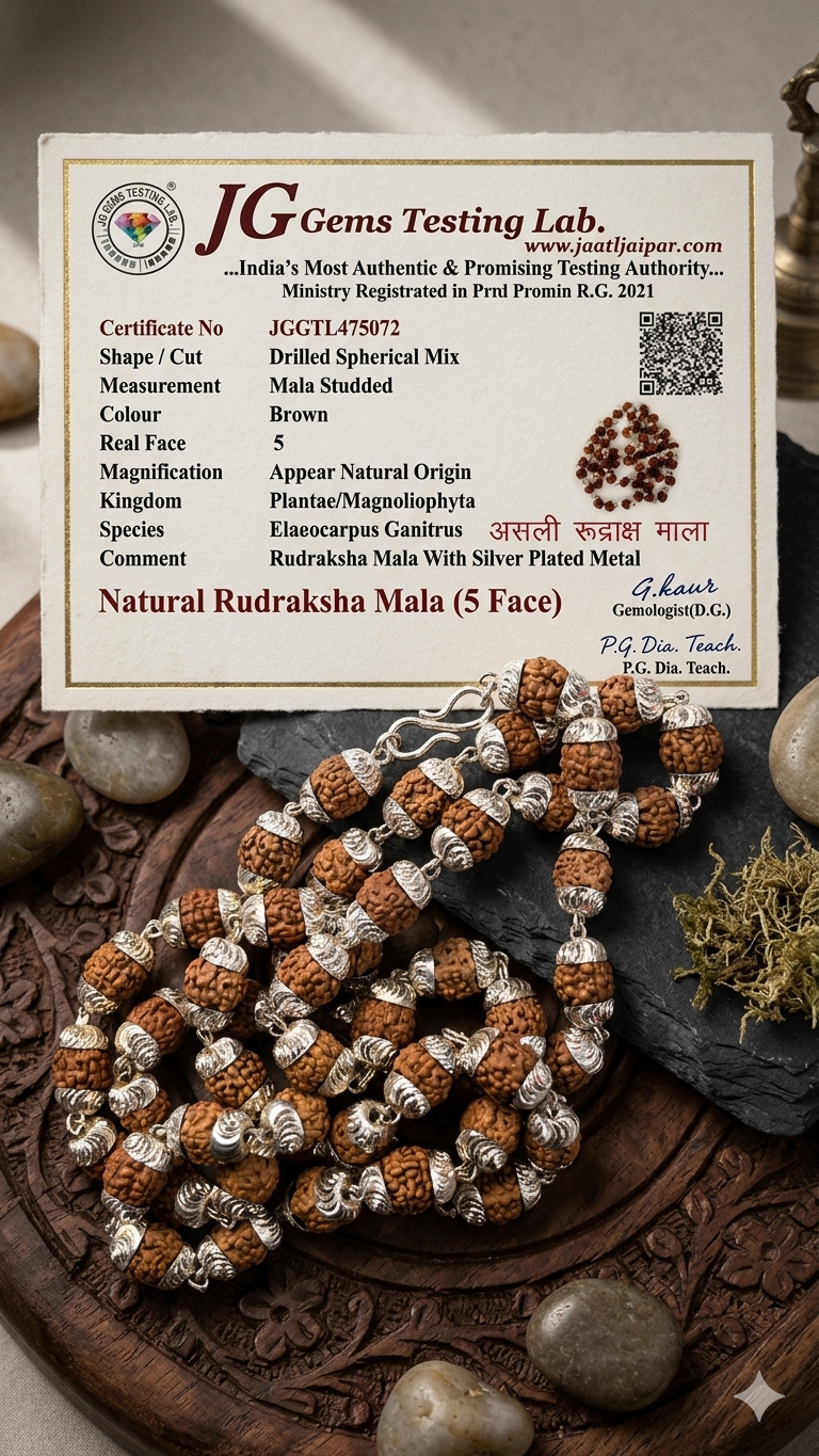 Premium Silver Capped Rudraksha Mala – Lab-Certified 108+1 Natural Beads with Elegant Silver-Tone Artisan Finish